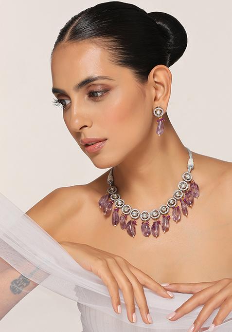 Purple Silver Tone Zirconia Necklace Set With Earrings