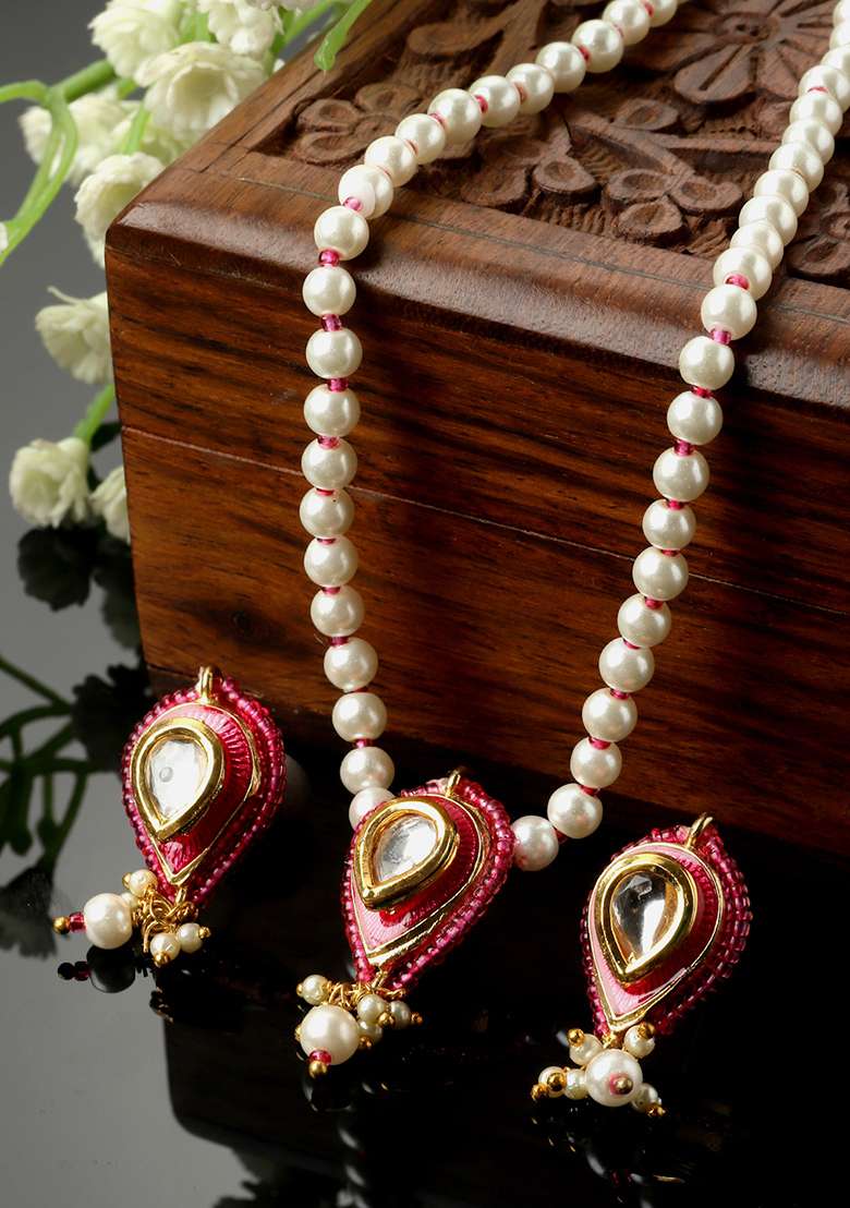 Pink And Gold Pearl Kundan Necklace And Earrings Set - Indya