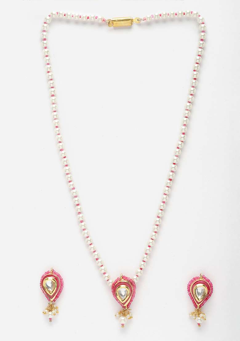 Pink And Gold Pearl Kundan Necklace And Earrings Set - Indya