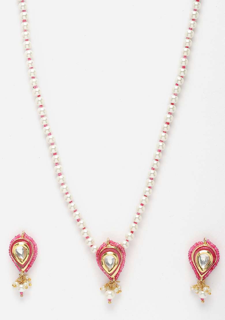 Pink And Gold Pearl Kundan Necklace And Earrings Set - Indya