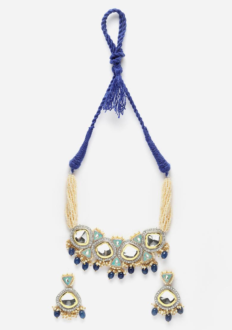 Blue Zirconia And Kundan Necklace And Earrings Set