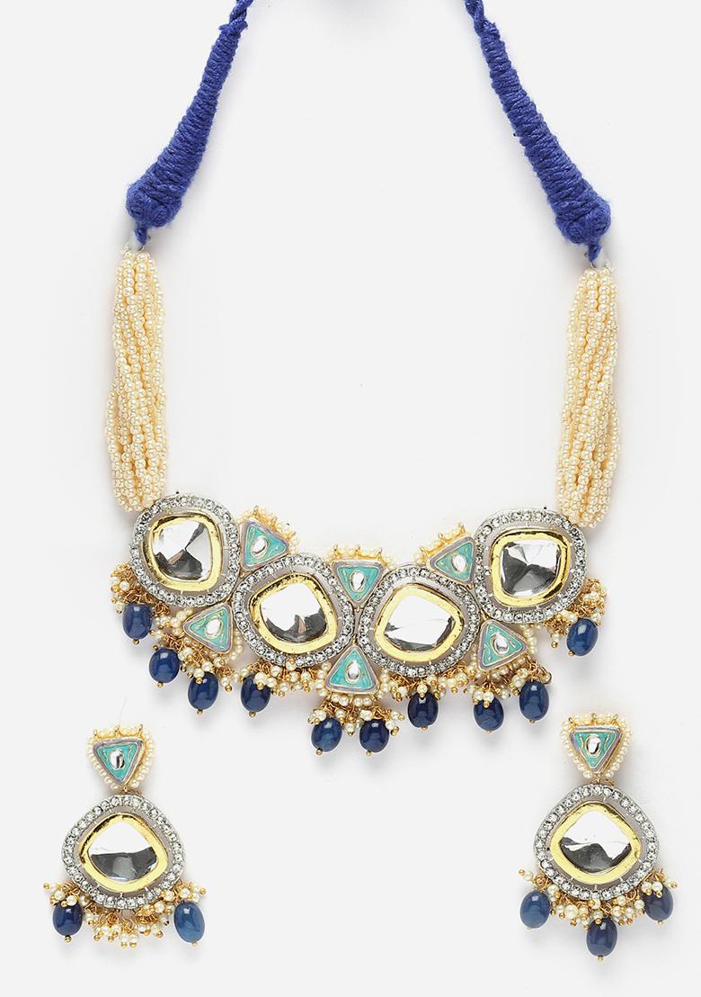 Blue Zirconia And Kundan Necklace And Earrings Set