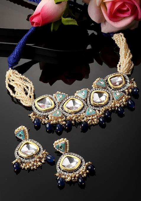 Blue Zirconia And Kundan Necklace And Earrings Set