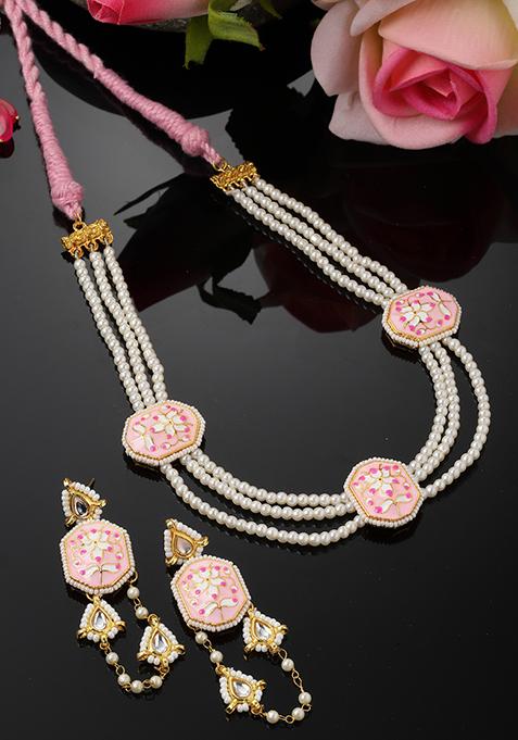 Pink And Gold Pearl Necklace And Earrings Set