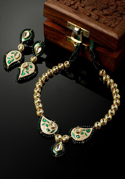 Green And Ivory Kundan Pearl Necklace And Earrings Set