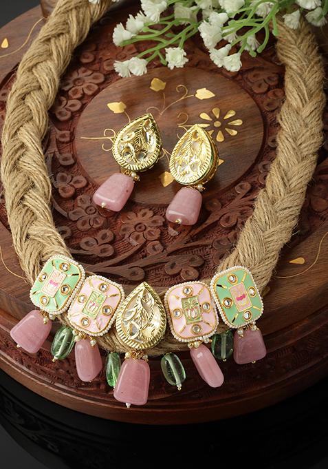 Mint Green And Pink Kundan Necklace And Earrings Set