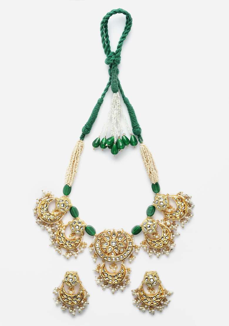 Gold And Green Kundan Necklace And Earrings Set - Indya