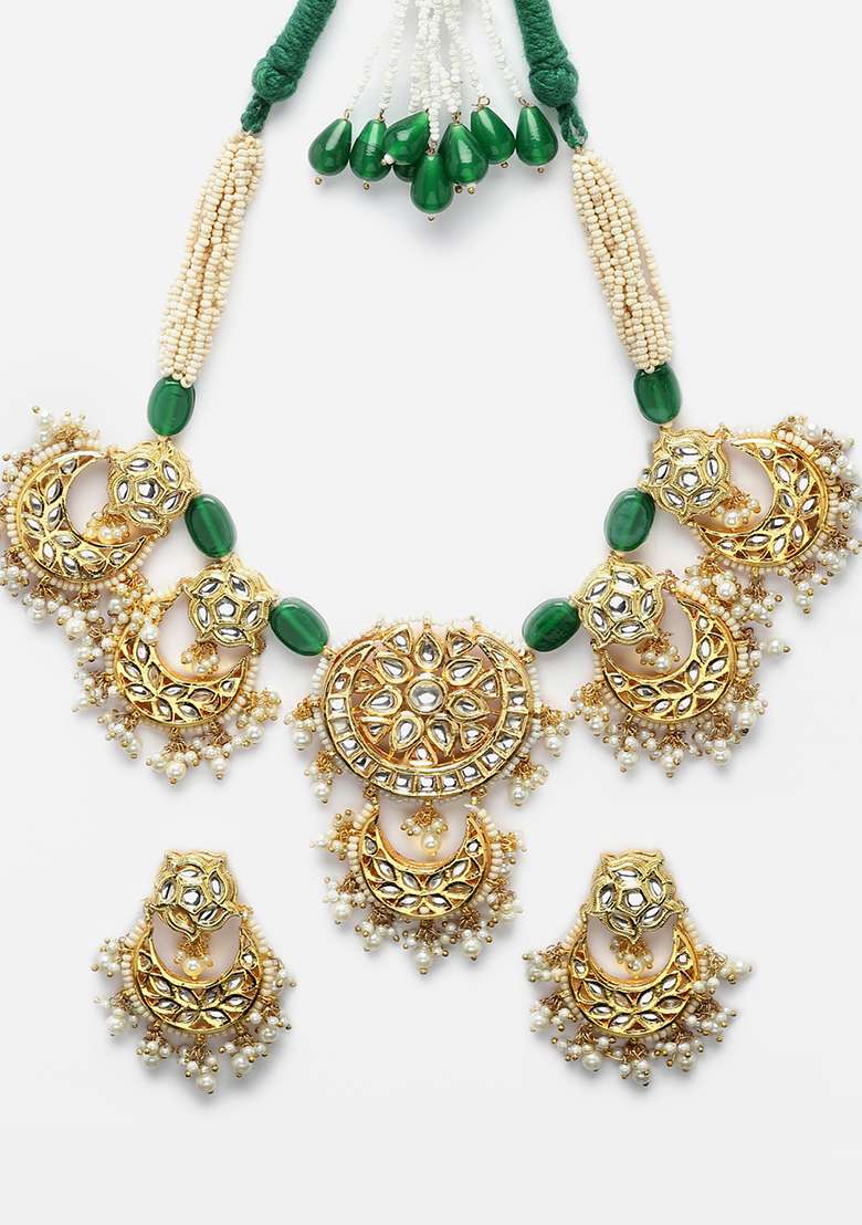 Gold And Green Kundan Necklace And Earrings Set - Indya