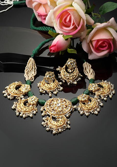 Gold And Green Kundan Necklace And Earrings Set