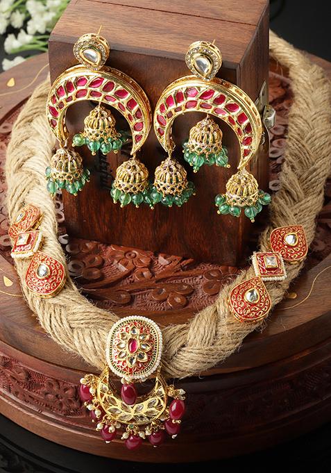 Red And Green Kundan Necklace And Earrings Set