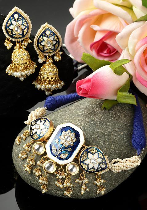 Blue And Ivory Kundan Necklace And Earrings Set