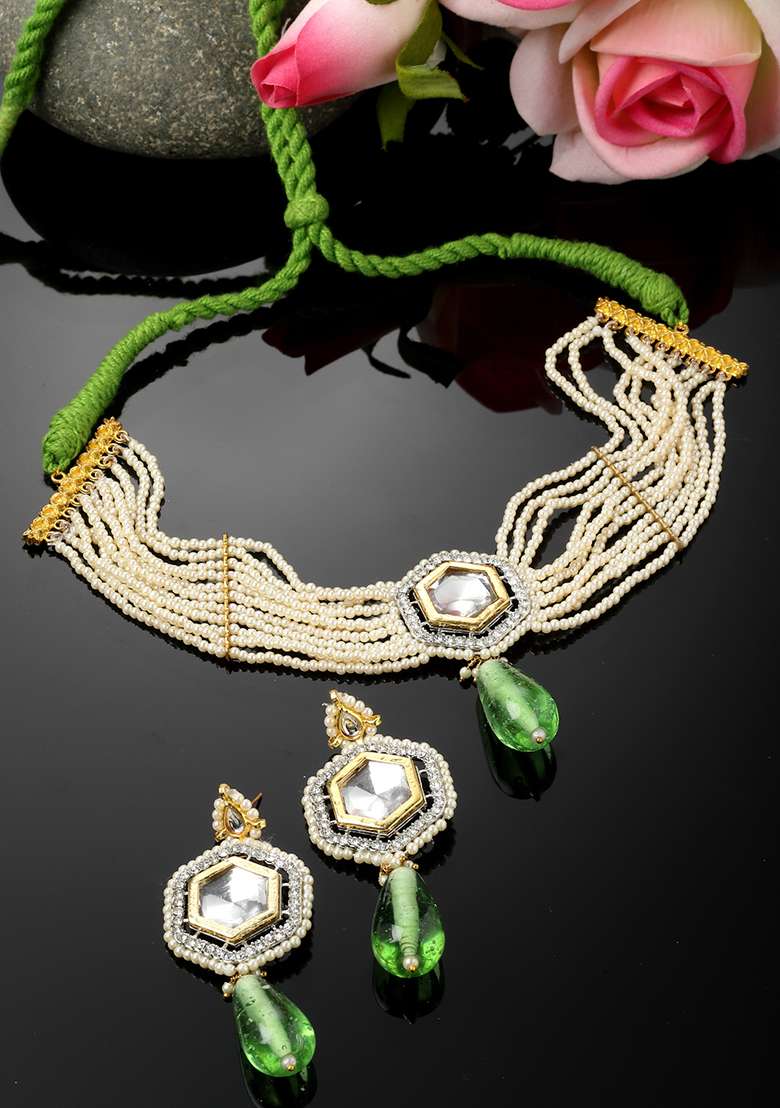 Green And Ivory Pearl Kundan Necklace And Earrings Set - Indya