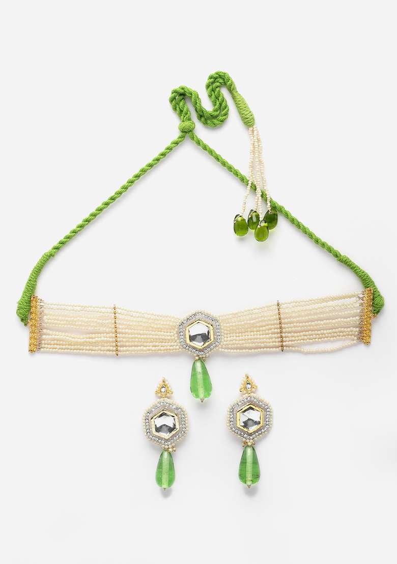 Green And Ivory Pearl Kundan Necklace And Earrings Set - Indya