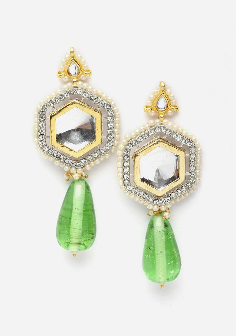 Green And Ivory Pearl Kundan Necklace And Earrings Set - Indya