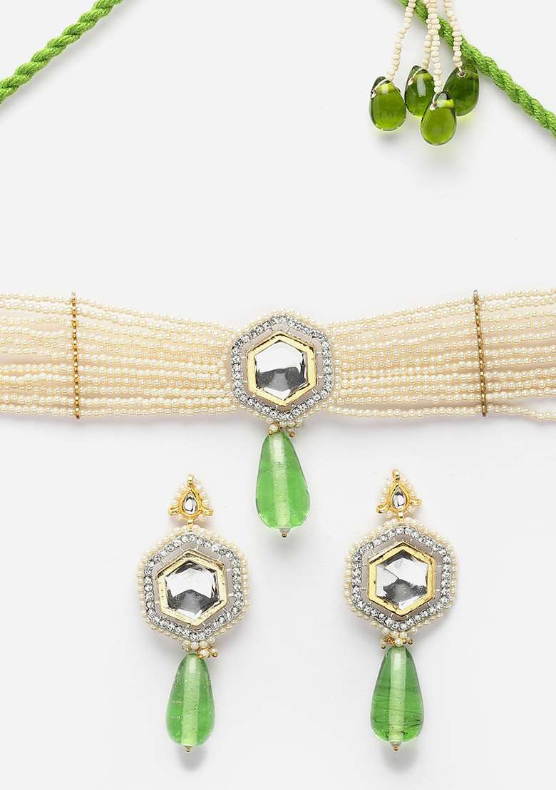 Green And Ivory Pearl Kundan Necklace And Earrings Set - Indya