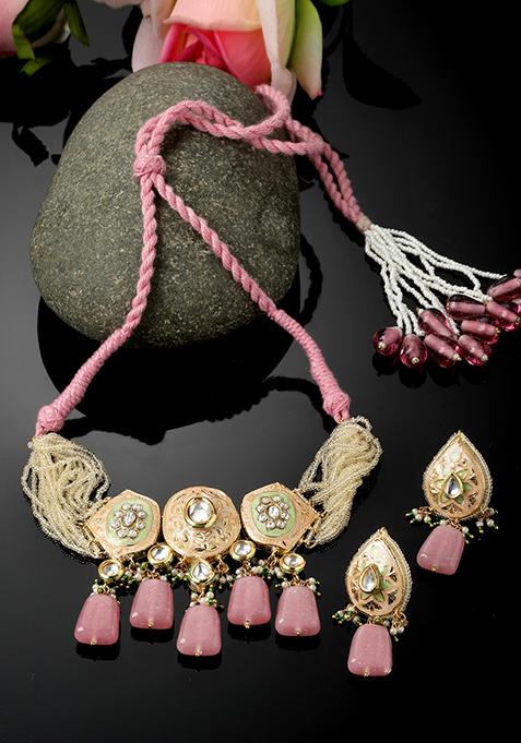 Light Pink And Peach Kundan Necklace And Earrings Set