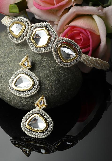 Silver Kundan And Zirconia Necklace And Earrings Set