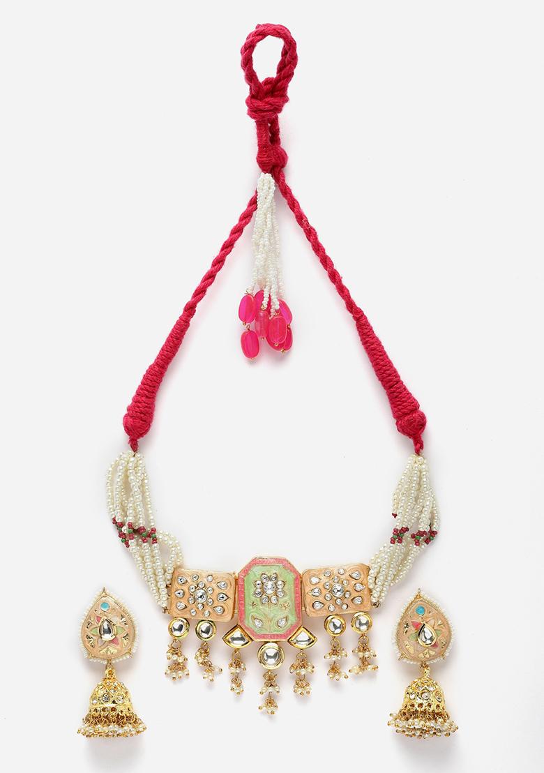 Peach And Green Kundan Choker Necklace And Earrings Set