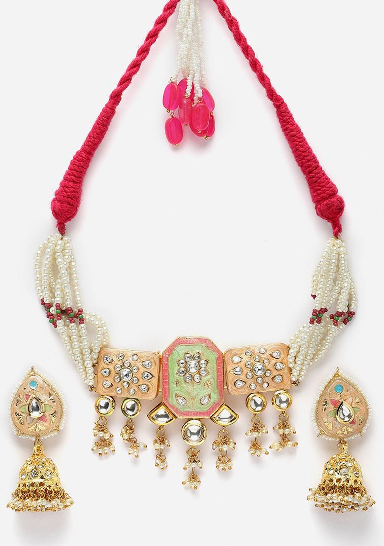 Peach And Green Kundan Choker Necklace And Earrings Set