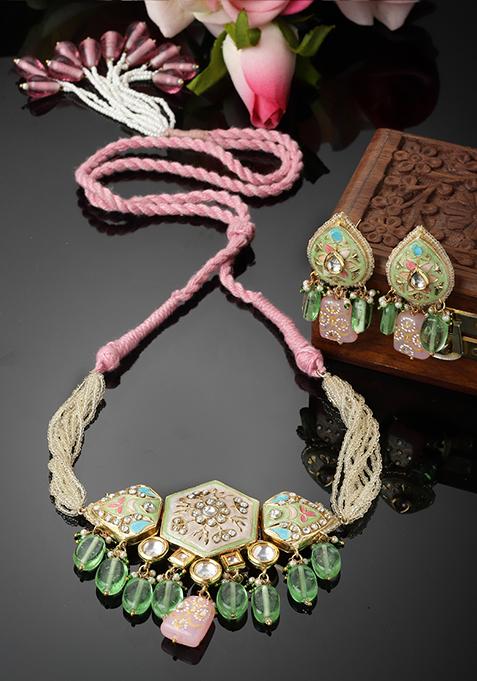 Green And Light Pink Kundan Necklace And Earrings Set