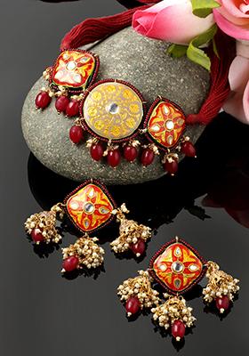 Red Kundan And Pearl Necklace And Earrings Set