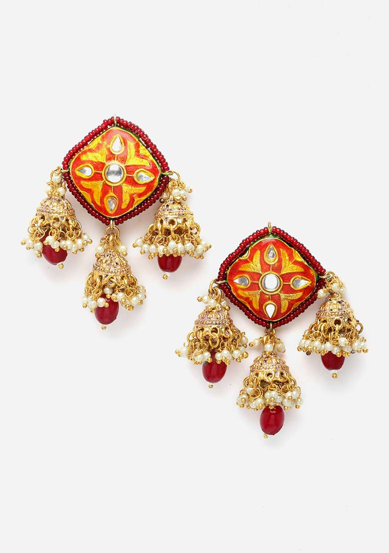 Red Kundan And Pearl Necklace And Earrings Set - Indya