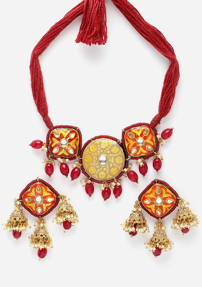 Red Kundan And Pearl Necklace And Earrings Set