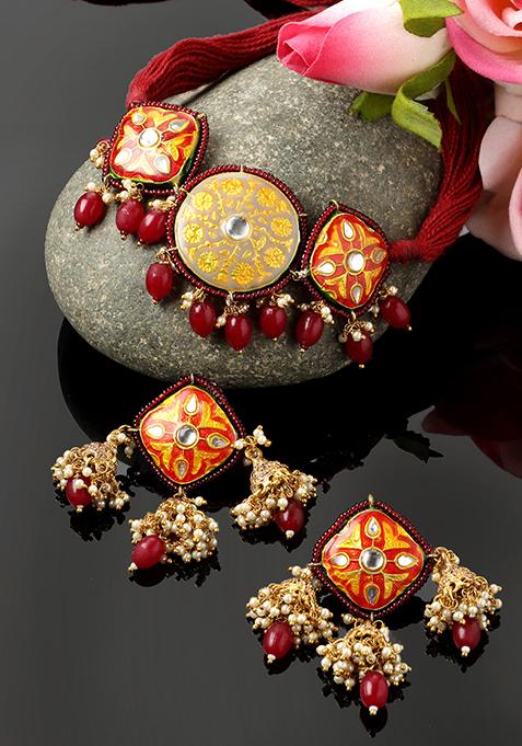 Red Kundan And Pearl Necklace And Earrings Set