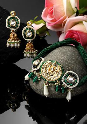 Dark Green And Gold Pearl Kundan Necklace And Earrings Set