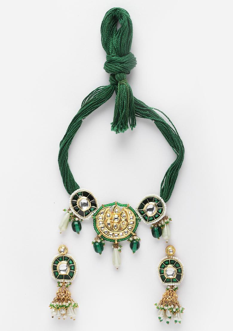 Dark Green And Gold Pearl Kundan Necklace And Earrings Set