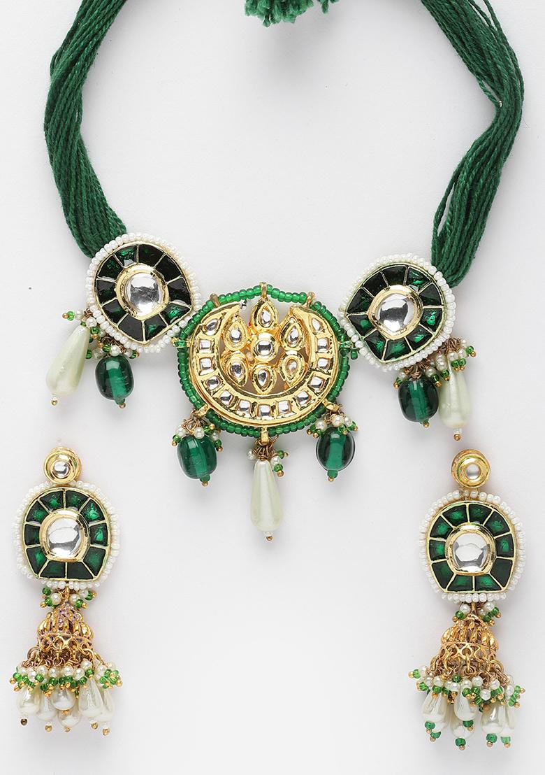 Dark Green And Gold Pearl Kundan Necklace And Earrings Set