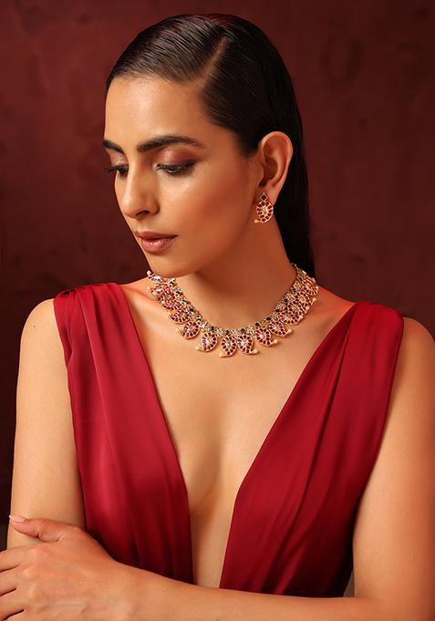 Red Gold Finish Kundan Necklace And Earrings Set
