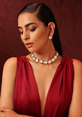 Gold Tone Kundan Necklace And Earrings Set