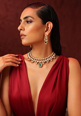 Dark Green Gold Tone Kundan Necklace And Earrings Set