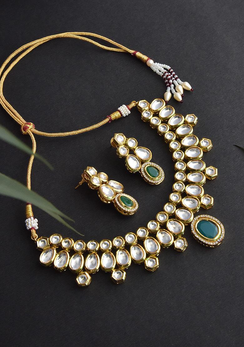 Dark Green Gold Tone Kundan Necklace And Earrings Set