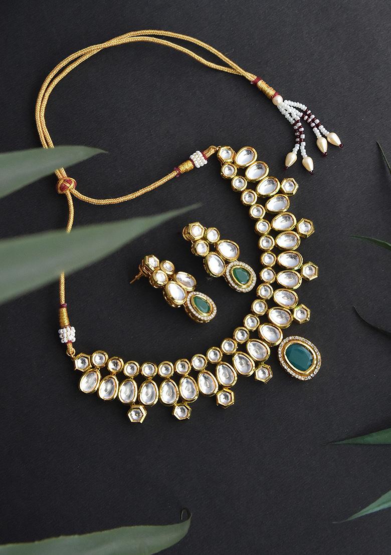 Dark Green Gold Tone Kundan Necklace And Earrings Set
