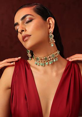 Mint Green Gold Tone Kundan Choker Necklace And Earrings Set