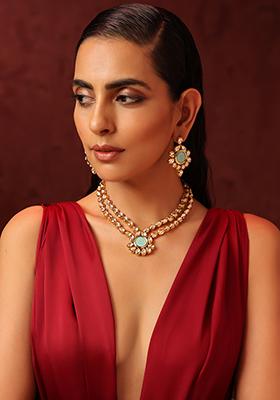Gold Tone Mint Green Kundan Necklace And Earrings Set