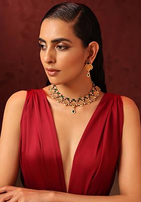 Green Gold Tone Temple Necklace And Earrings Set