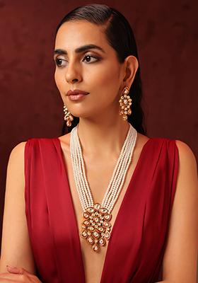 Red Gold Tone Kundan And Pearl Necklace And Earrings Set