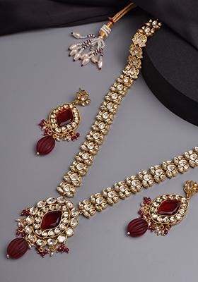 Red Gold Tone Polki Necklace And Earrings Set