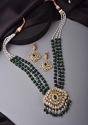 Green Gold Tone Polki Necklace And Earrings Set