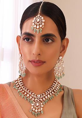 Green Rose Gold Tone Polki Necklace And Earrings Set With Maangtika