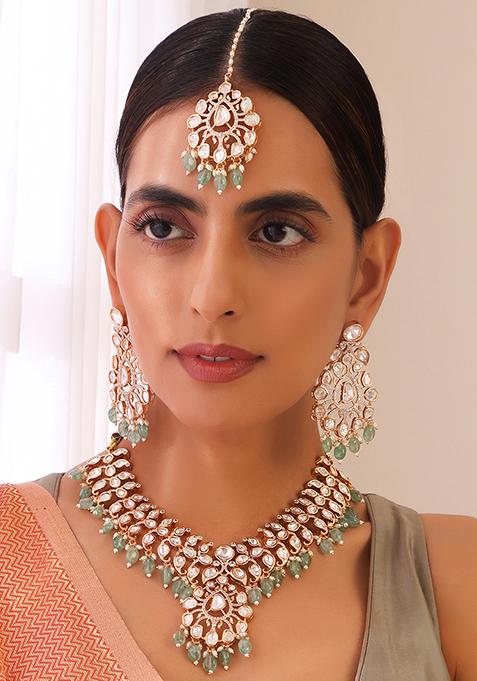 Green Rose Gold Tone Polki Necklace And Earrings Set With Maangtika