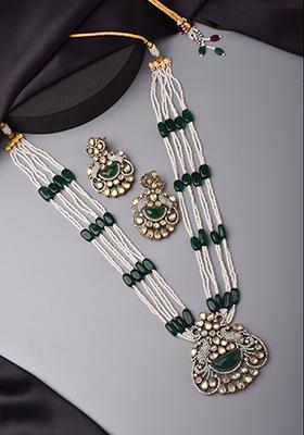 Green Silver Tone Victorian Polki Necklace And Earrings Set