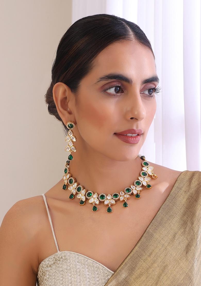 Green Gold Tone Emerald Necklace And Earrings Set