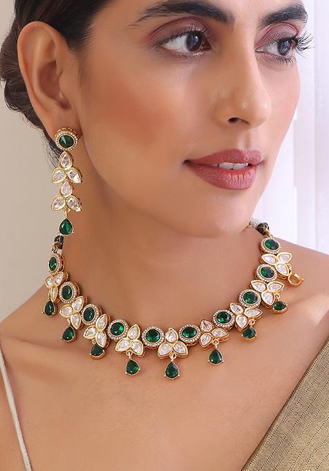 Green Gold Tone Emerald Necklace And Earrings Set