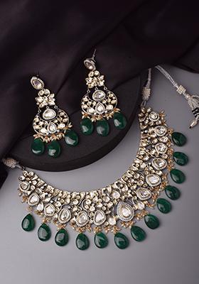 Green Silver Tone Polki Necklace And Earrings Set