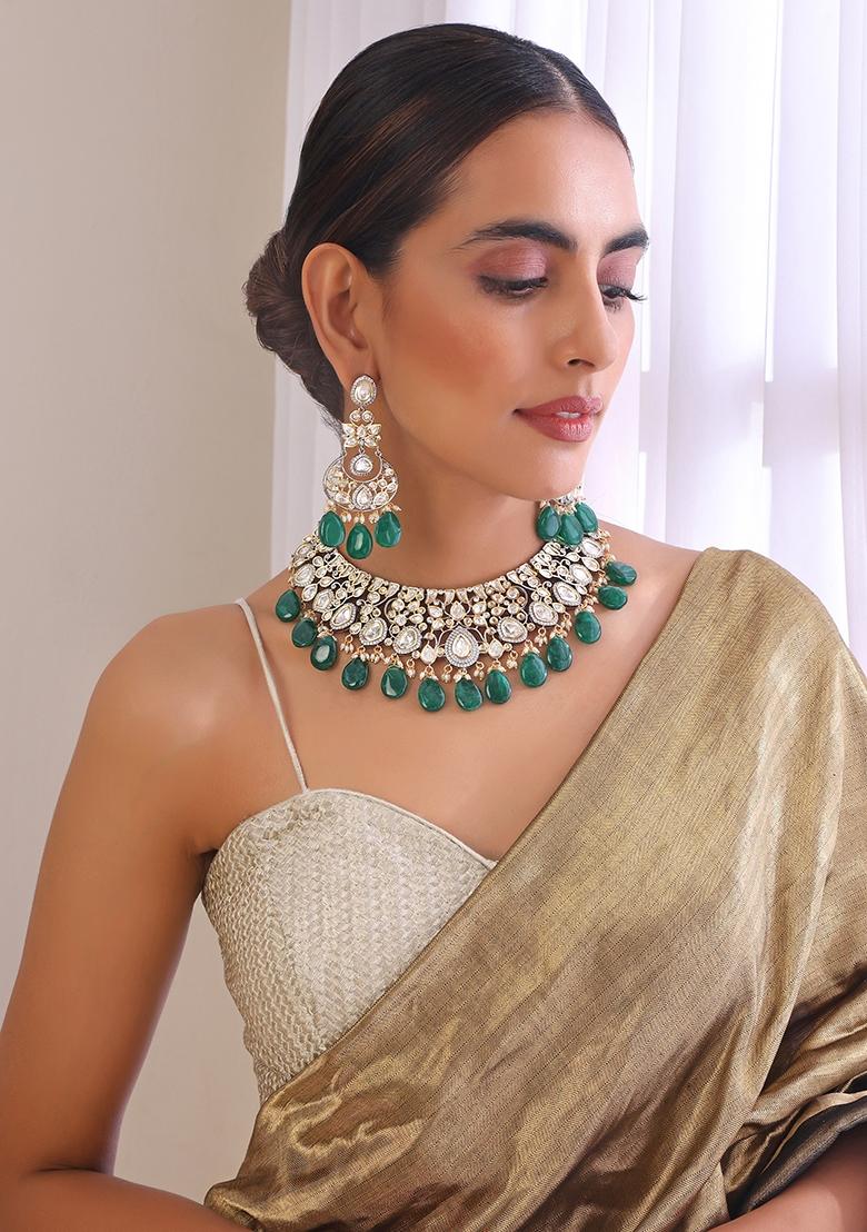 Green Silver Tone Polki Necklace And Earrings Set