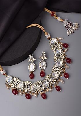 Red Silver Tone Polki Necklace Set